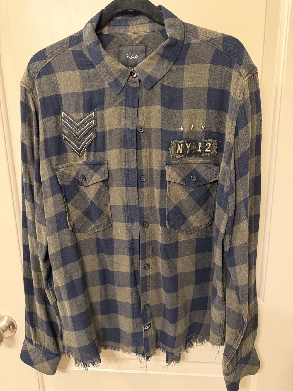 Rails Navy and Olive Green Plaid Button-Down Shirt with Patch Details